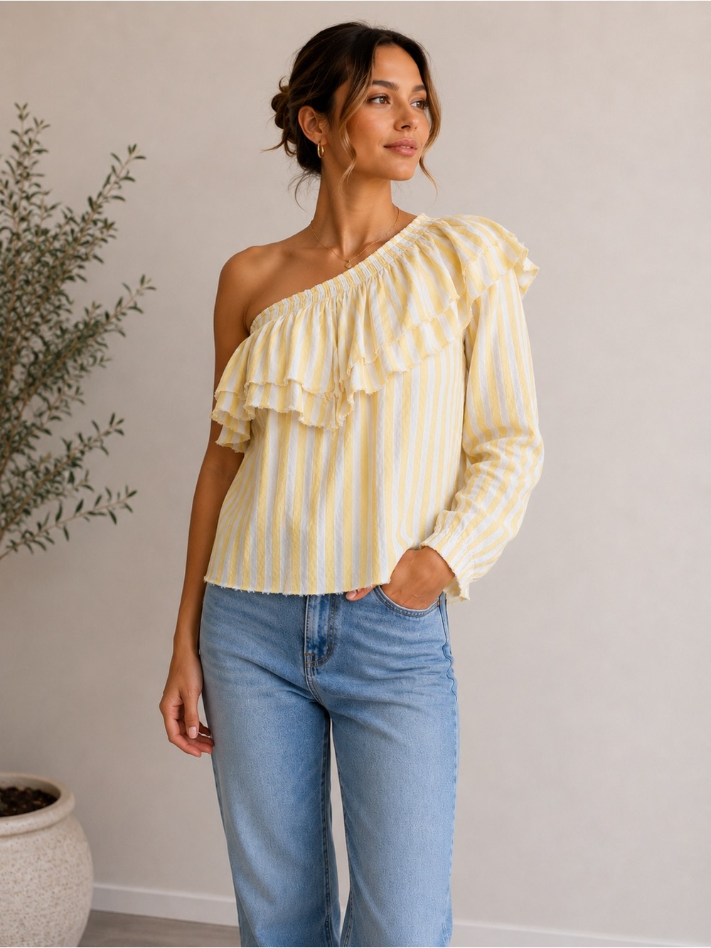 100% cotton-Size M/ One-Shoulder Ruffle Stripe Blouse in Yellow